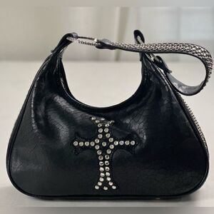 Raviani Black Leather Swarovski Crystal & Rivets Shoulder Bag